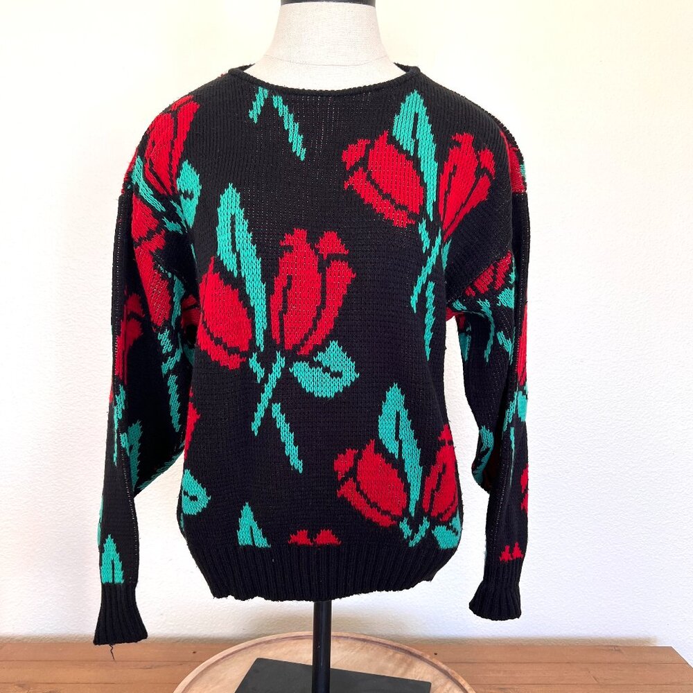 80's Pullover Sweater - Black with Red Roses - Size Medium
